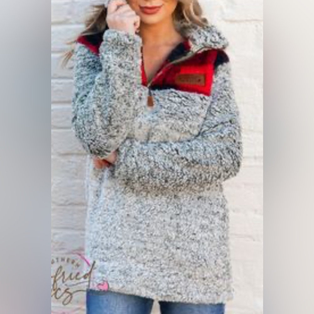 Southern Fried Chics Gray/Buffalo Plaid Sherpa Pullover-Sz Large
